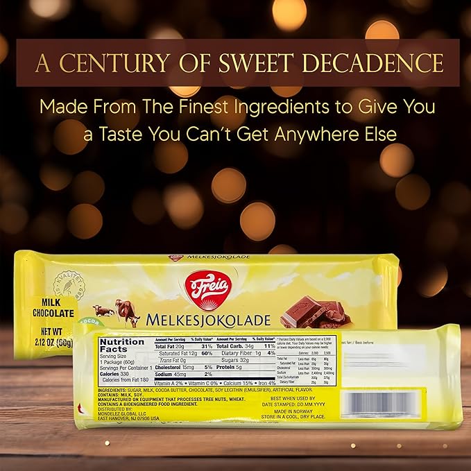 Freia Norwegian Milk Chocolate Bars 12-Pack 60g Individually Wrapped Rich Decadent Smooth Melt-in-Your-Mouth