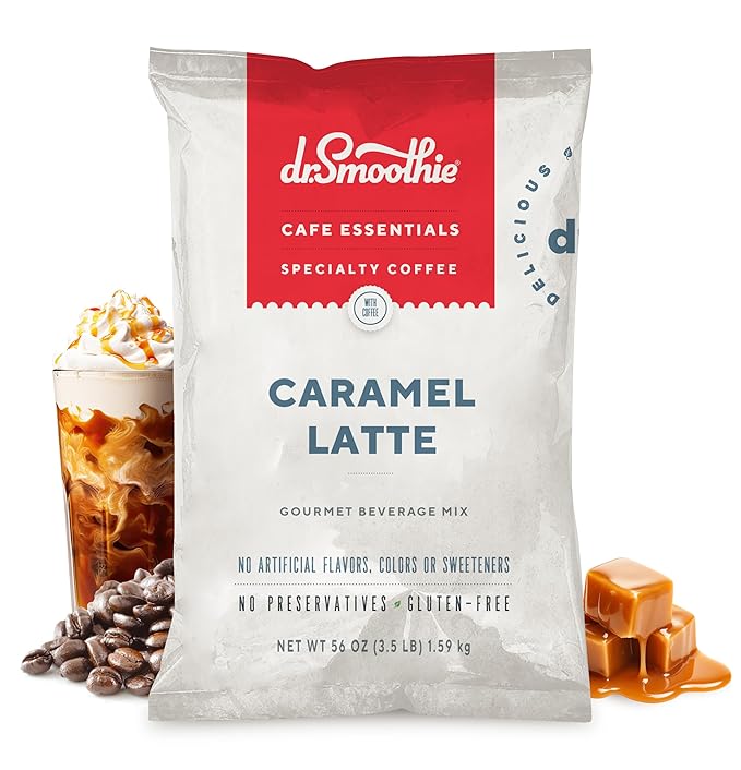 Dr. Smoothie Café Essentials Caramel Latte – No Artificial Colors Flavors Sweeteners – Shelf Stable – 28mg of Caffeine per Serving – Great for Hot Iced &amp Frozen Frappes (3.5 lb Bag 26 Serving