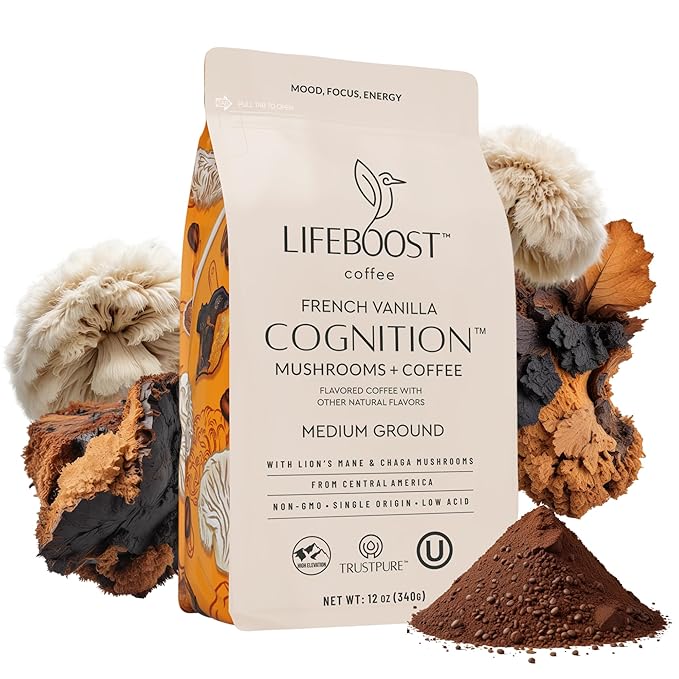 Lifeboost French Vanilla Cognition Mushroom Coffee - Low Acid Medium Organic Coffee with Nootropic Lions Mane &amp Chaga Mushrooms - Increase Energy Boost Focus &amp Immune Support - 12 oz Bag - Gr