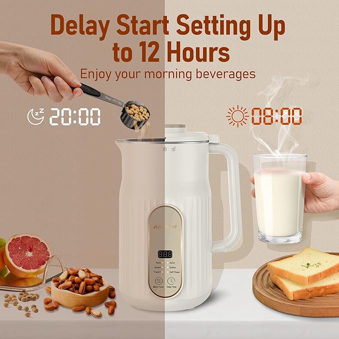 Nut Milk Maker AlfaBot N2 Automatic Almond Milk Machine for Homemade Plant-Based Milk Oat Soy Yogurt 5 Modes/35OZ Big Capacity Soy Milk Maker with Delay Setting and Self Cleaning (Cream)