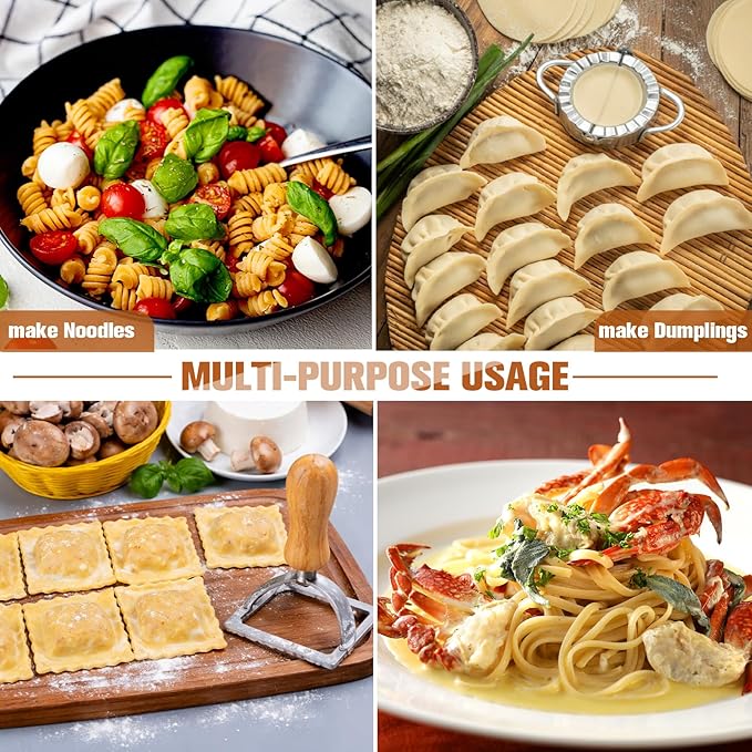 11 Pcs Pasta Making Tools Kit - Pasta Drying Rack Gnocchi BoardPasta Cutter Ravioli Stamps Wood Threaded Pasta Roller Pin Set Noodle and Dumplings Maker