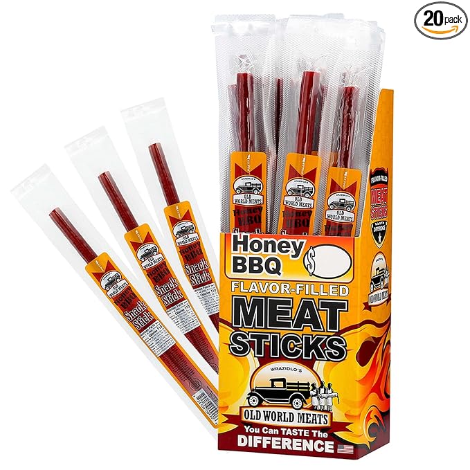Old World Meats Meat Sticks 110 Calories Keto Low Carb 1g Sugar Fuelings 20 Pack 1 ounce sticks (Honey BBQ (Barbecue))