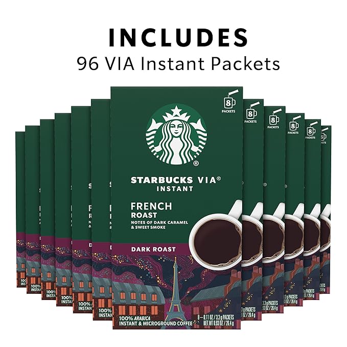 Starbucks VIA Instant Coffee Packets Single Serve Dark Roast Coffee French Roast 96 Packets
