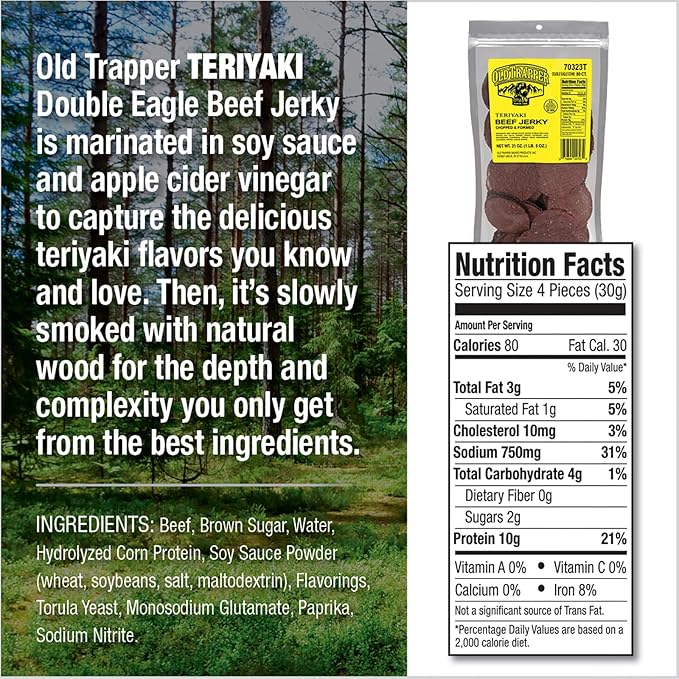 Old Trapper Double Eagle Beef Jerky Teriyaki Flavor 21 Ounce Package Natural Wood Smoked Meat Snacks 10 Grams of Protein and 80 Calories per Serving (Pack of One)