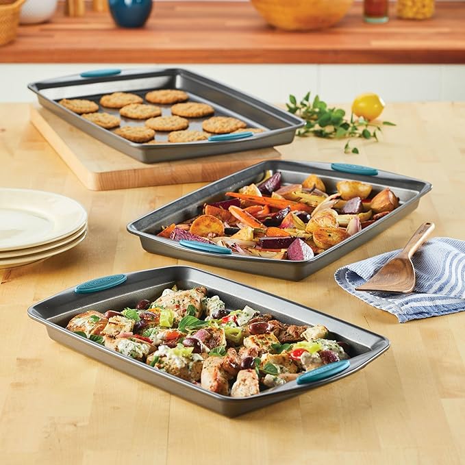Rachael Ray Bakeware Nonstick Cookie Pan Set 3-Piece Gray with Agave Blue Grips