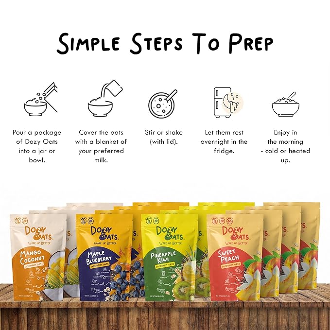 Dozy Oats Overnight Oatmeal Packets Fruity Faves Variety Box with Rolled Oats Chia Seeds Date Powder and Dried Fruit. Gluten-Free Natural Source of Protein and Fiber 16-Pack