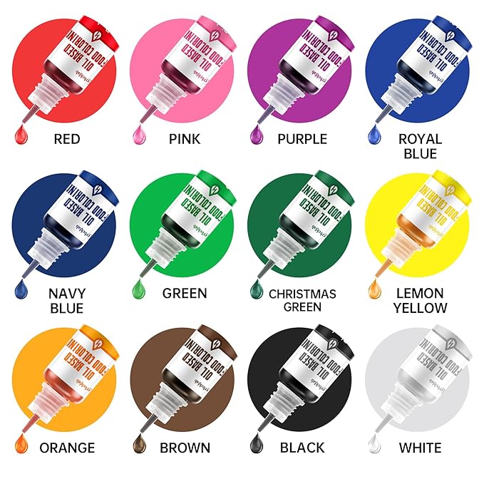 Oil Based Food Coloring for Chocolate 12 Colors x 20 ml Concentrated Oil Food Dye for Melting Chocolate Candy Melts Cake Pops Strawberries