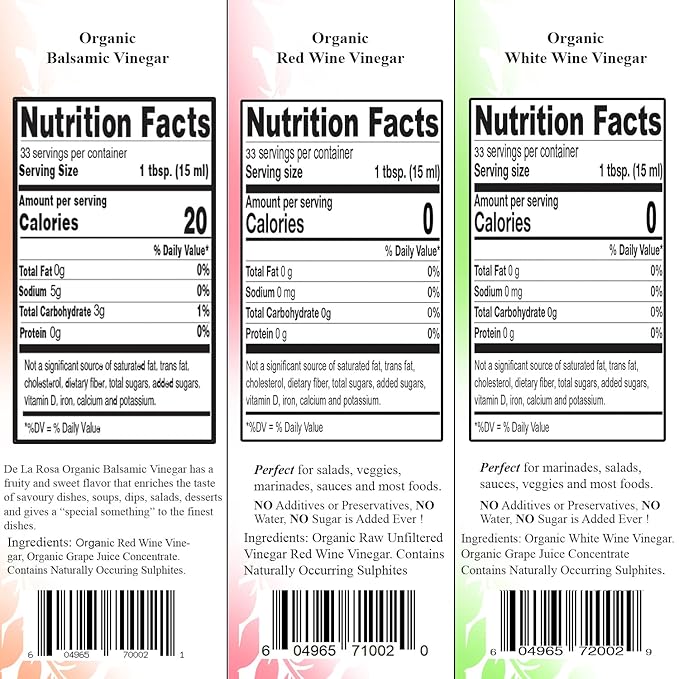 De La Rosa Organic White Wine Red Wine &amp Balsamic Vinegar Vegan Kosher Non-GMO &amp Gluten Free Great for Salad Dressing Marinades &amp More 16.9 Oz (Pack of 3)