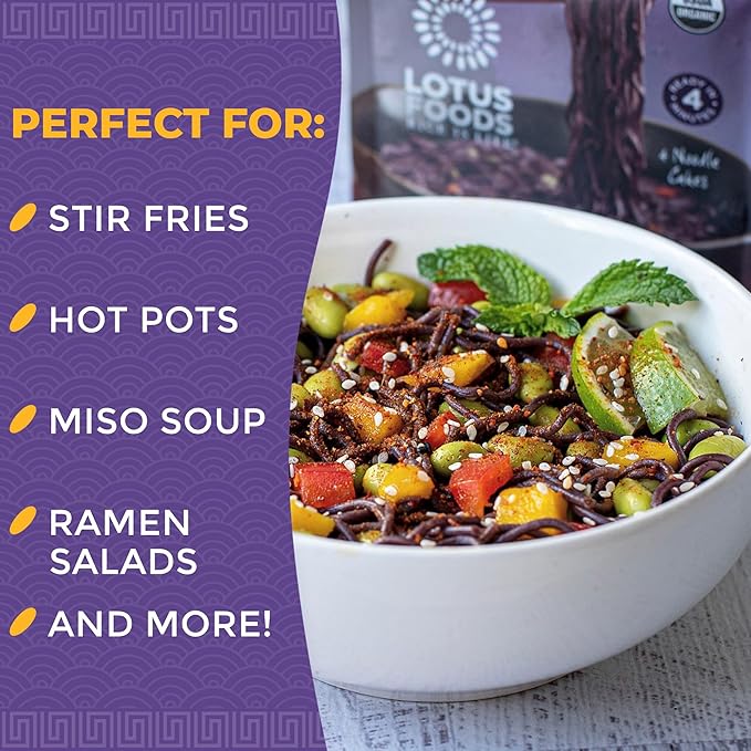 Lotus Foods Bulk Organic Forbidden Rice Ramen - Gluten Free Ramen Noodles Rice Ramen Whole Grain Ramen Noodles Organic Vegan Rice Noodles Low Sodium Usda Organic - 10 Oz Bags (Pack Of 6)