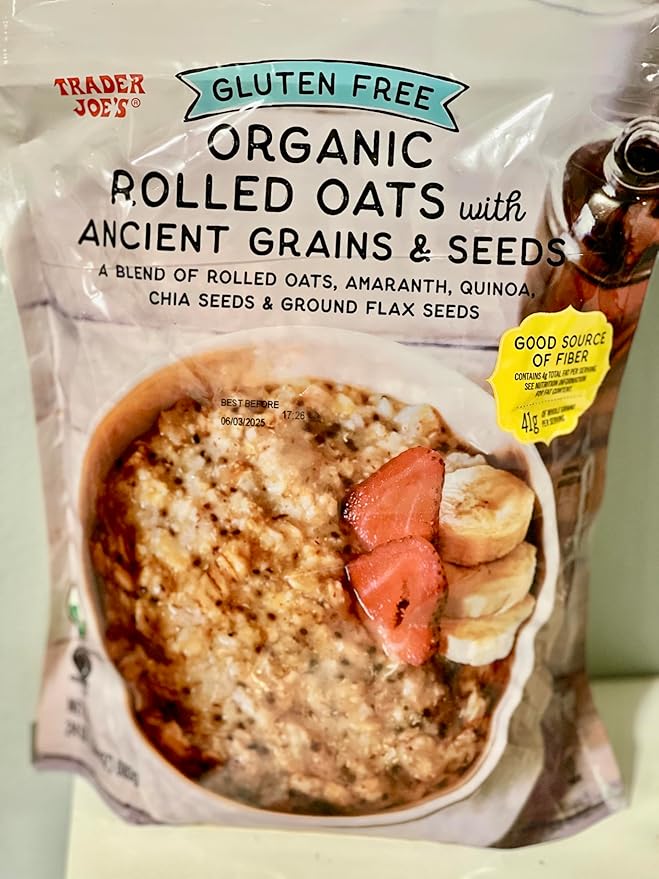 Trader Joe's Gluten Free Organic Rolled Oats with Ancient Grains &amp Seeds Blend of Rolled Oats Amaranth Quinoa Chia Seeds Ground Flax Seeds 41 grams of Whole Grains per Serving Good source o