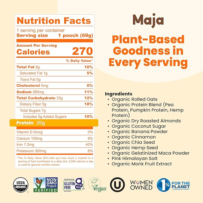 Maja Banana Bread Overnight Protein Oats 2.4 oz Single-Serve (6 Pouches) | High Protein Overnight Oats Gluten Free Plant-Based | Certified Organic | Just Add Milk or Plant Milk