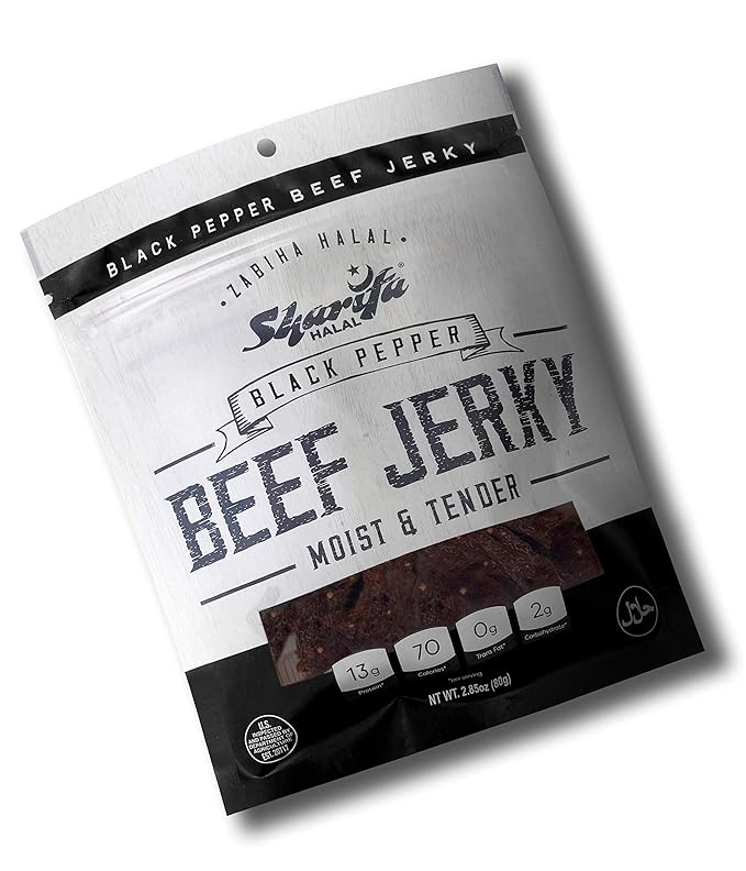 Sharifa Halal Beef Jerky Black Pepper(5 Pack) Each Bag 2.85 oz – Great Everyday Halal Jerky Beef Meat Snack 100 % Real Zabiha Halal Beef 13g of Protein 70 Calories 0g Trans Fat &amp 2g of Carb
