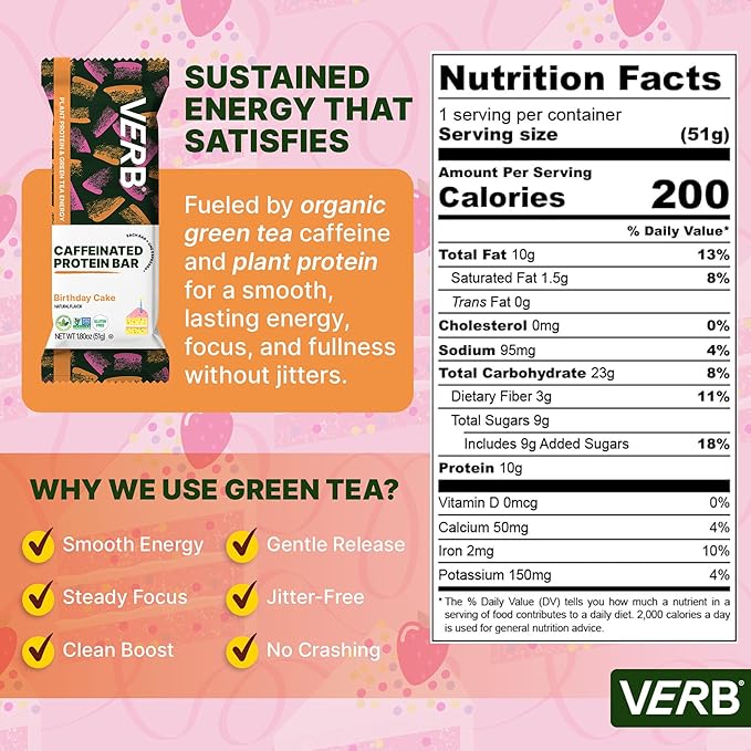 Verb Energy - Caffeinated Protein Bars Birthday Cake 10g Plant Based Protein Bars High Protein - Vegan Snack - Gluten Free Breakfast Snack with Organic Green Tea 51g (Pack of 12)
