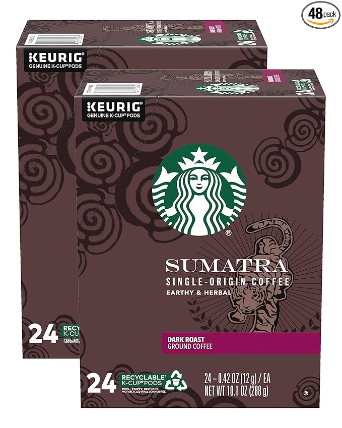 Starbucks Sumatra Single-Origin Coffee K-Cup Pods Dark Roast Ground Coffee with Earthy &amp Herbal Flavor 24 CT K-Cup Pods Per Box (Pack of 2 Boxes)