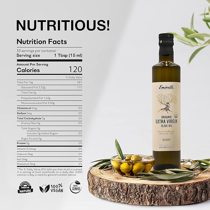 Emirelli Organic Extra Virgin Olive Oil - USDA Certified Rich in Polyphenols First Cold Pressed - Early Harvest Smooth Intense and Delicate Flavor - Glass Bottle 16.9 Fl Oz (Organic Delicate Inte