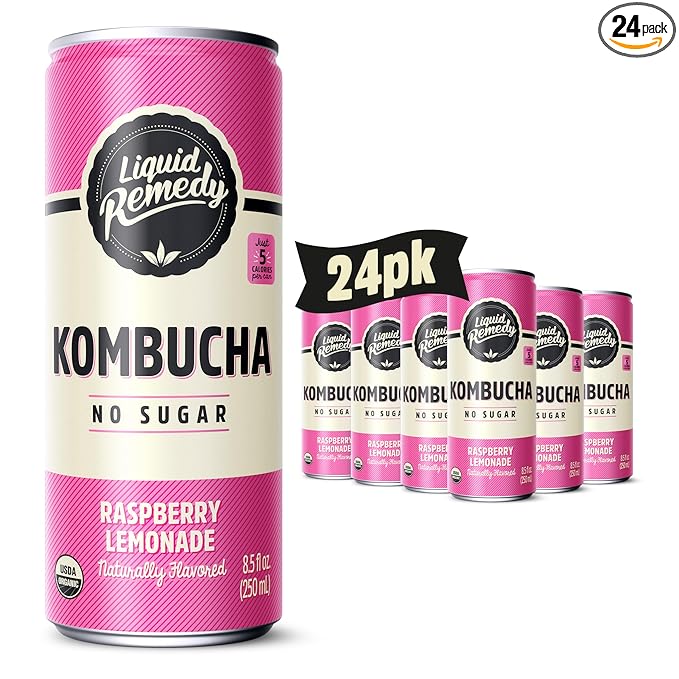 Liquid Remedy Kombucha Sugar Free Organic Drink Low Calorie Probiotic Like Tea for Gut Health - Raspberry Lemonade - 8.5 Fl Oz Can 24-Pack
