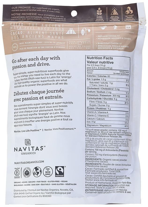 Navitas Organics Cacao Powder Bags 30 Servings 1 Pound (Pack of 1) 16 Ounce