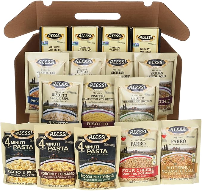 Alessi Taste of Italy Holiday Variety Gift Box Sampler of Culturally Inspired Soups Pastas Risottos Farros and Premium Bread Sticks