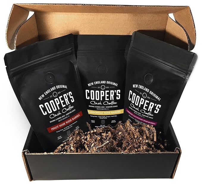 Wine Barrel Aged Coffee Gift Box Set Sampler Roasted Coffee Costa Rica Kenya &amp Rwanda Beans Aged In Cabernet Sauvignon Chardonnay &amp Pinot Noir Wine Barrels Medium Roast Whole Bean 4 oz