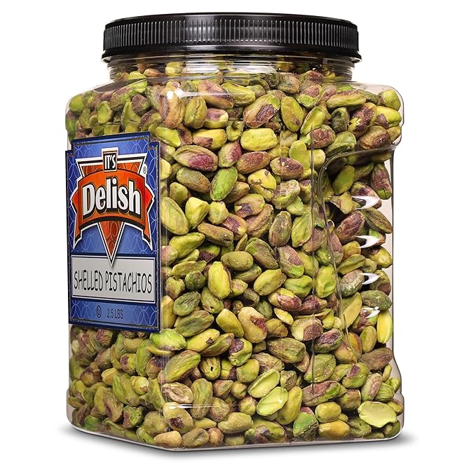 Premium California Roasted Unsalted Shelled Pistachio Kernels by Its Delish - 2.5 LBS Reusable Jumbo Container (Jar) Fresh &amp Crunchy Dry Roasted Pistachio Nuts No Shell No Salt Kosher Snack &amp