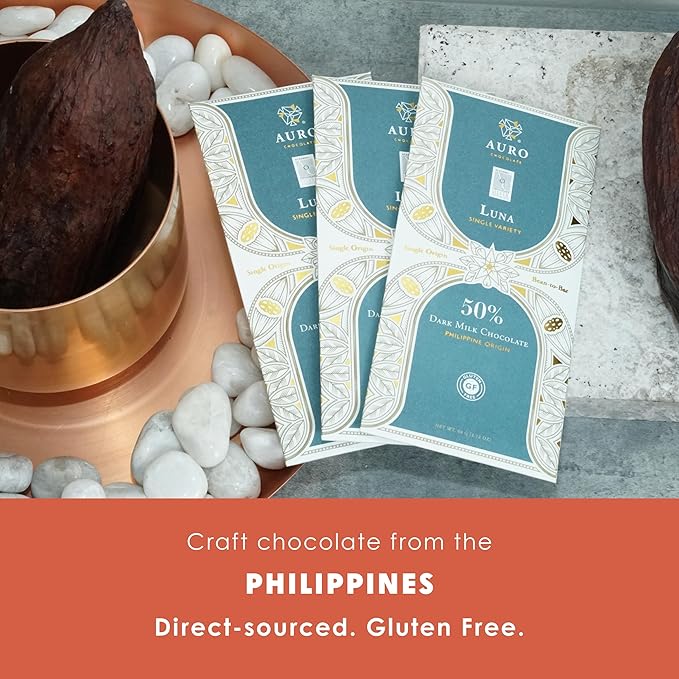 Auro Reserve Luna Dark Milk 50% Milk Chocolate 3 Pack - Filipino Chocolate - Premium Made At Origin Direct Trade Bean-to-Bar Woman Owned BIPOC Owned - Halal - Bundle