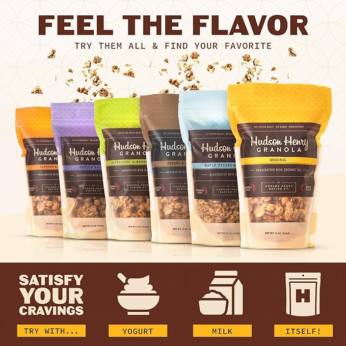 Hudson Henry Granola Trio Delight for Yogurt Snacking &amp Cereal | Maple Pecan Coconut Maple Walnut &amp Pistachio Almond Granola | Gluten Free Non-GMO Small Batch Baked | 3 Pack (12 oz Bags)