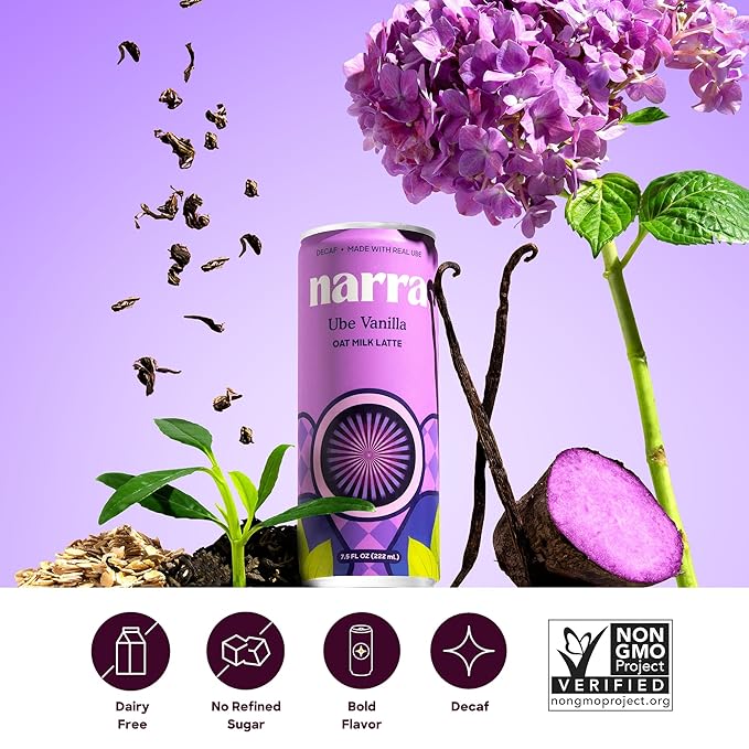Narra Oat Milk Tea Latte (12 Pack) - Ube Vanilla Caffeine Free Organic Oat Milk MCT Oil Vegan Dairy Free No Refined Sugar Non-GMO