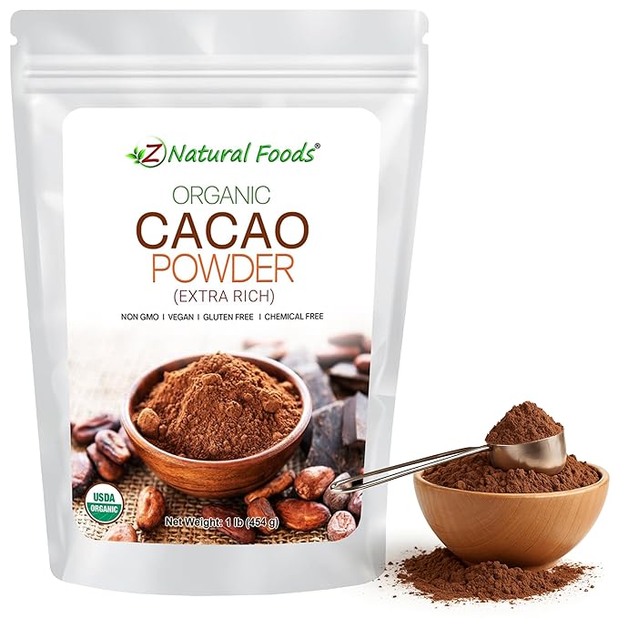 Z Natural Foods Organic Cacao Powder - Unsweetened Nutrient-Dense Superfood for Healthy Aging - Extra-Rich Dark Chocolate Flavor Perfect for Chocolate Recipes Shakes or Smoothies 1 lb