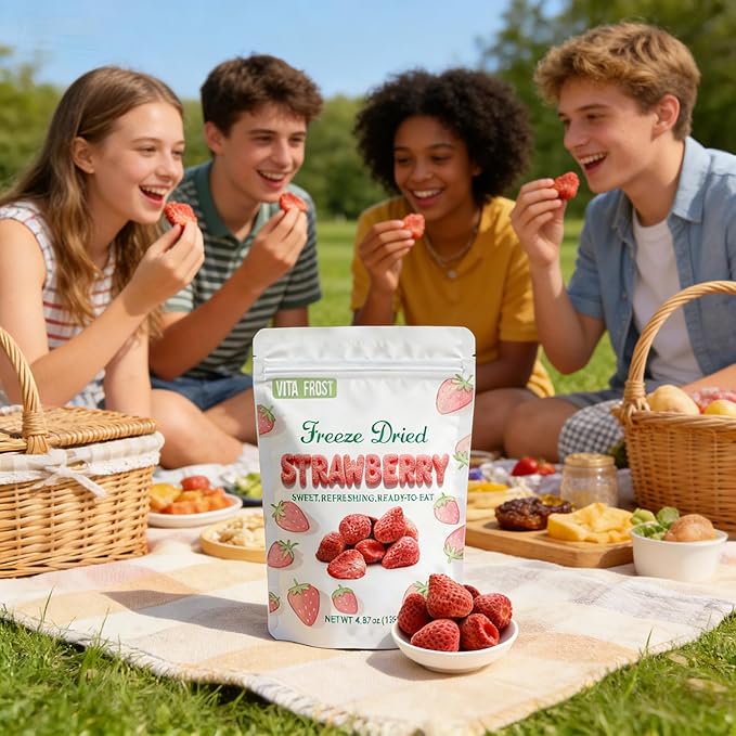 Vita Frost Freeze Dried Whole Strawberries (2 Packs of 4.87 oz) Frozen Dry Strawberry Crisps Natural Yummy Dehydrated Strawberry Slices Fruits Snacks Resealable Bag.