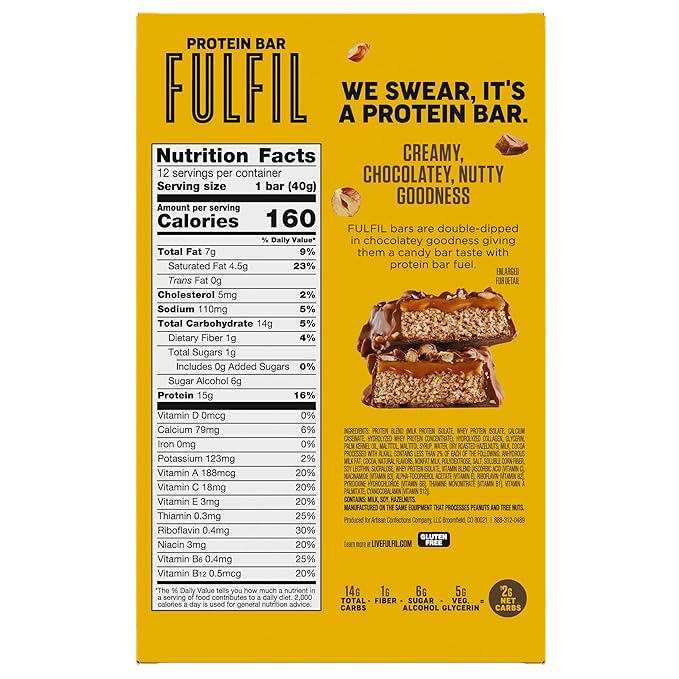 FULFIL Protein Snack Bars Chocolate Hazelnut Flavored Gluten Free with 15g Protein Pantry Staples 12 Count
