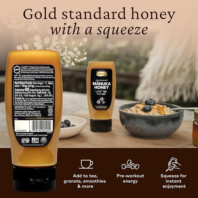 Comvita Manuka Honey UMF 5+ (MGO 83+) - Raw Manuka Honey New Zealand Pure Unpasteurized Honey Superfood for Immune Health Use in Tea Wild Monofloral Non-GMO - Squeeze Bottle 12.5 oz (355g)