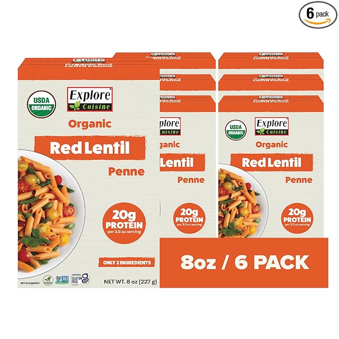 EXPLORE CUISINE Organic Red Lentil Penne - High Protein &amp Fiber Gluten Free Pasta Easy to Make - Organic Non GMO - 24 Total Servings 8 Ounce (Pack of 6)