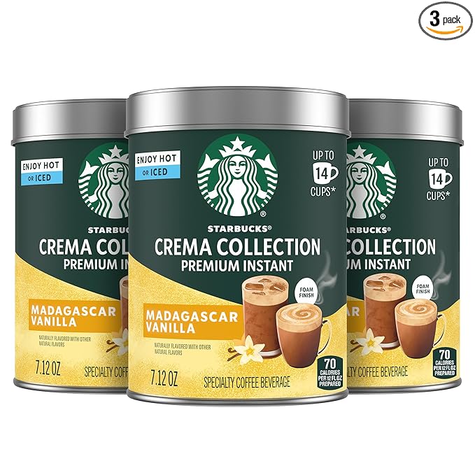 Starbucks Crema Collection Premium Instant Madagascar Vanilla Flavored Instant Coffee 100% Arabica Beans 3 Tins (7.12 Oz Each)
