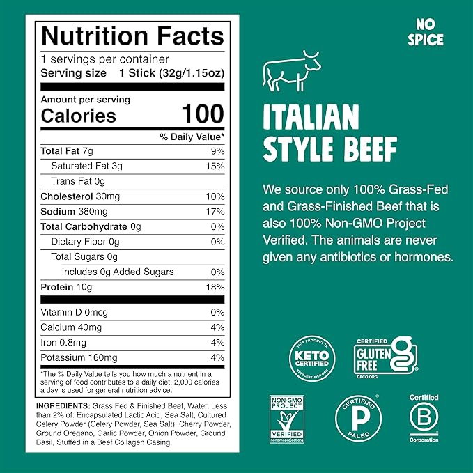 CHOMPS Grass Fed Italian Style Beef Jerky Snack Sticks Keto Whole30 Paleo Gluten Free Sugar Free Low Carb AIP Diet Compliant 100 Calories1.15 Oz Pack of 24