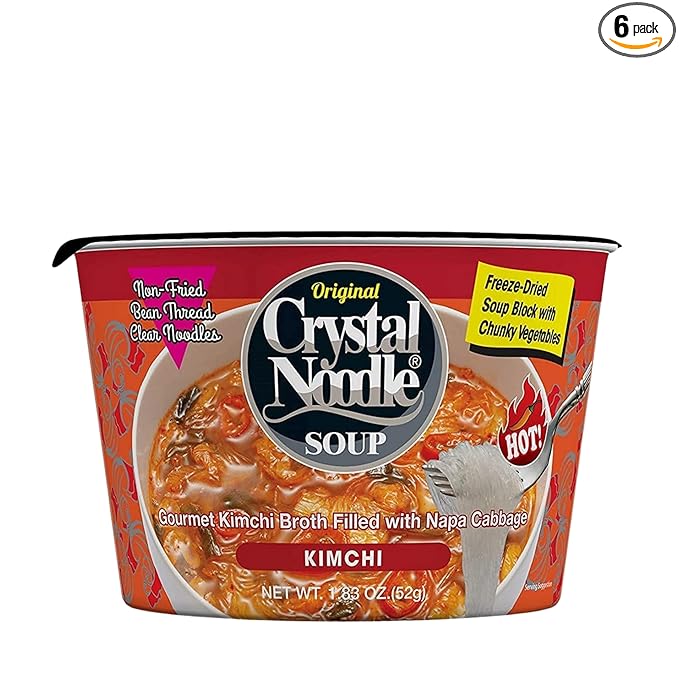 Crystal Noodle Soup Kimchi Savory Broth Filled with Spicy Napa Cabbage (Pack of 6 Cups) 1.83 OZ