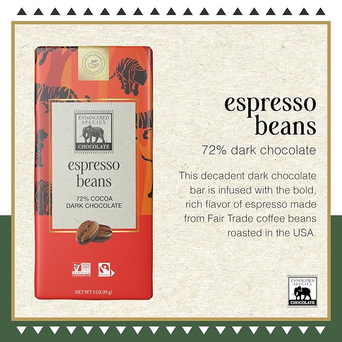Endangered Species Dark Chocolate Bar with Espresso Beans (72% cocoa)