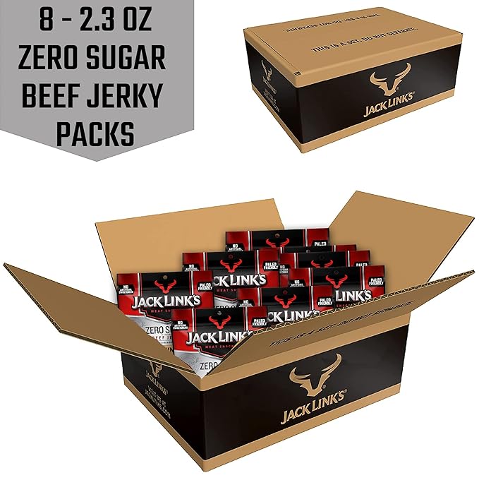 Jack Link's Beef Jerky Original Zero Sugar - Flavorful Meat Snacks Ready to Eat Protein Snacks with 13g of Protein per Serving Made with 100% Beef Keto Paleo Diet Friendly - 2.3 Oz. (Pack of 8)
