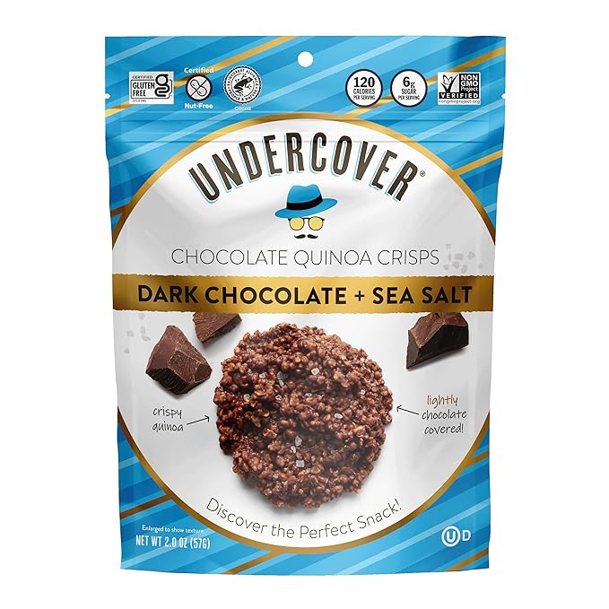 Undercover Chocolate Quinoa Crisps - Dark Chocolate + Sea Salt Quinoa Crisps | 8-Pack 2oz Bags | Gluten Free Nut-Free Allergen Friendly Kosher Plant-Based