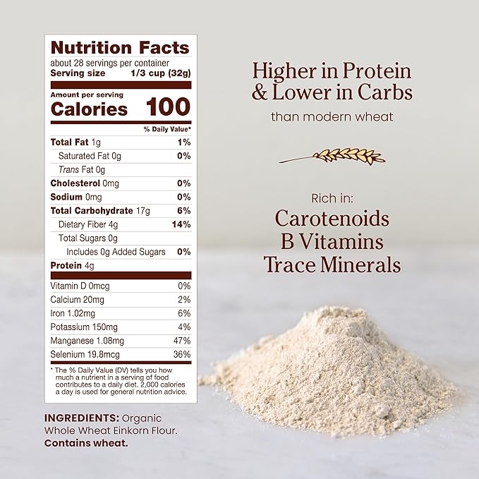 Jovial Organic Einkorn Whole Wheat &amp Unbleached All Purpose Flour - Bread Baking Flour for Sourdough High Protein Non-GMO Organic Pizza &amp Pasta Flour European Italian Flour - 32 Oz 2 Pack