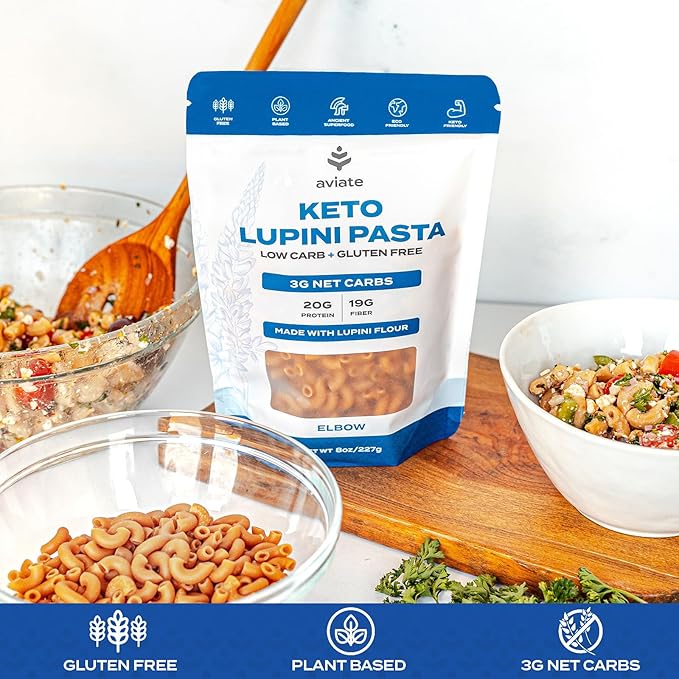 Aviate Keto Pasta Elbows - Low Carb (3g Net) Lupini Noodles High Protein (20g) Gluten-Free Made with Lupin Flour Plant Based Vegan Keto-Friendly Low Carb - Macaroni Elbows (8oz) (Pack of 3)