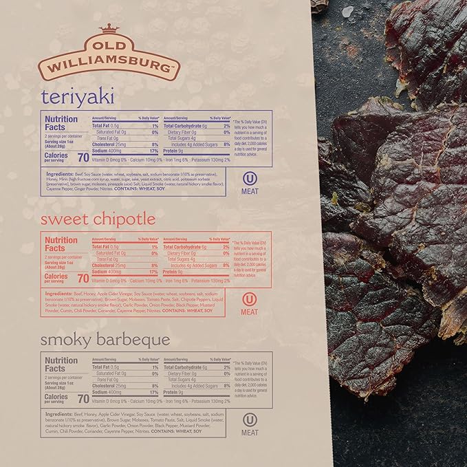 Old Williamsburg Kosher Beef Jerky Variety Pack 2oz | Teriyaki Sweet Chipotle Smoky BBQ | Real Beef Brisket | Hand Crafted Jerky | Gluten Free Meat Snack | Protein Packed | Kosher Beef Jerky
