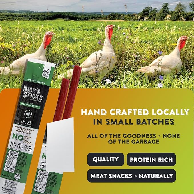 Nick's Sticks Clean &amp Balanced Free Range Turkey Snack Sticks | Made in the USA | Gluten Free | Paleo Keto Whole30 Approved | No Soy Antibiotics or Hormones (25– 1.7oz. Packs of 2 Sticks)