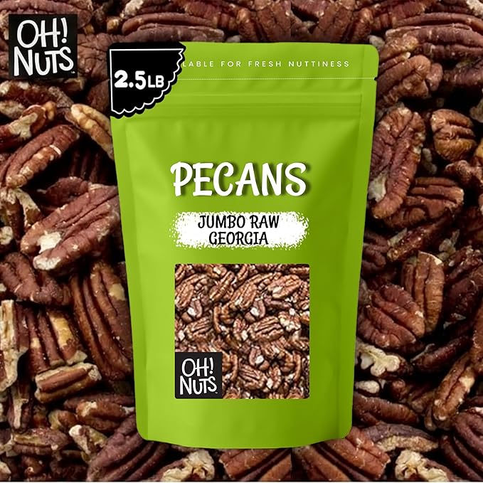 Oh! Nuts Pecans Halves &amp Wholes - Raw - 100% Natural - 2 lb - Raw Georgia Pecans - Packed in New York Zip-Seal Bag for Exceptional Freshness