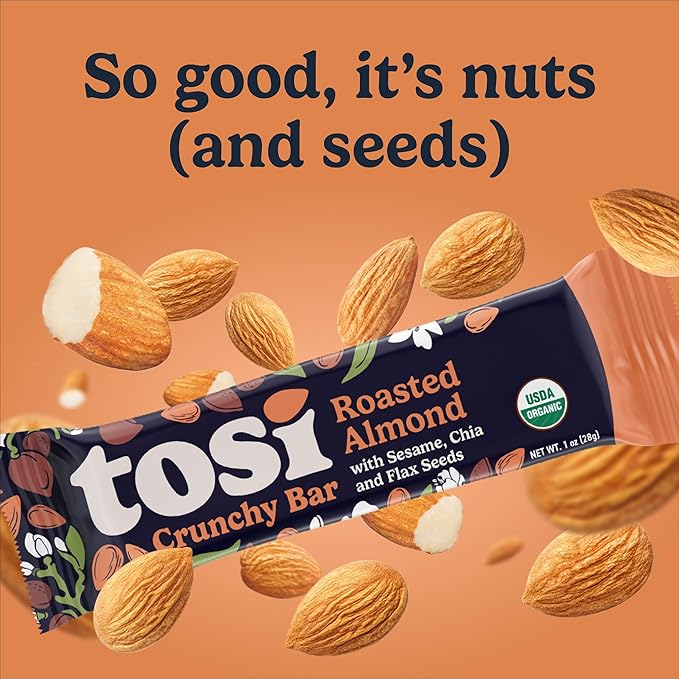 Tosi Nut Bars Almond Healthy Snacks for Adults &amp Kids Plant Based Crunchy Bars (5G Protein) Organic Keto Snacks Vegan Gluten &amp Soy Free Low Sugar Omega 3s 1oz 12-Pack