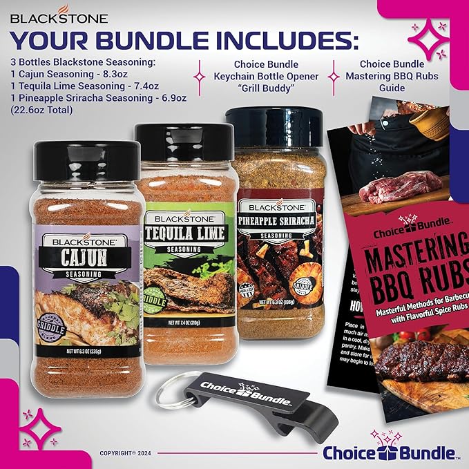 Blackstone Cajun Pineapple Sriracha Tequila Lime Seasoning - Gourmet Griddle Premium BBQ Barbecue Rub 3 Pk Choice Bundle (22.6 oz) + BBQ Guide &amp Bottle Opener (5 Items)!