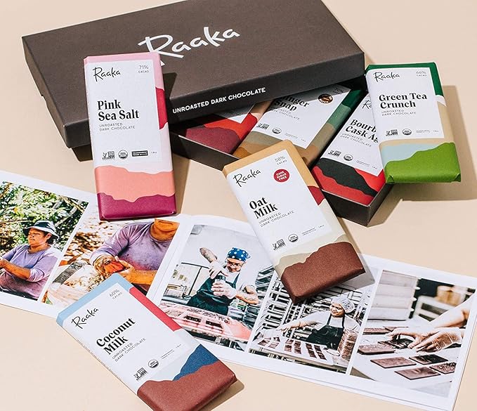 Raaka Chocolate Library Gift Box with Photo Booklet Gourmet Bean-to-Bar Dark Chocolate Organic Vegan Transparent Trade Soy Free Gluten Free Kosher Eight 1.08 oz Bars