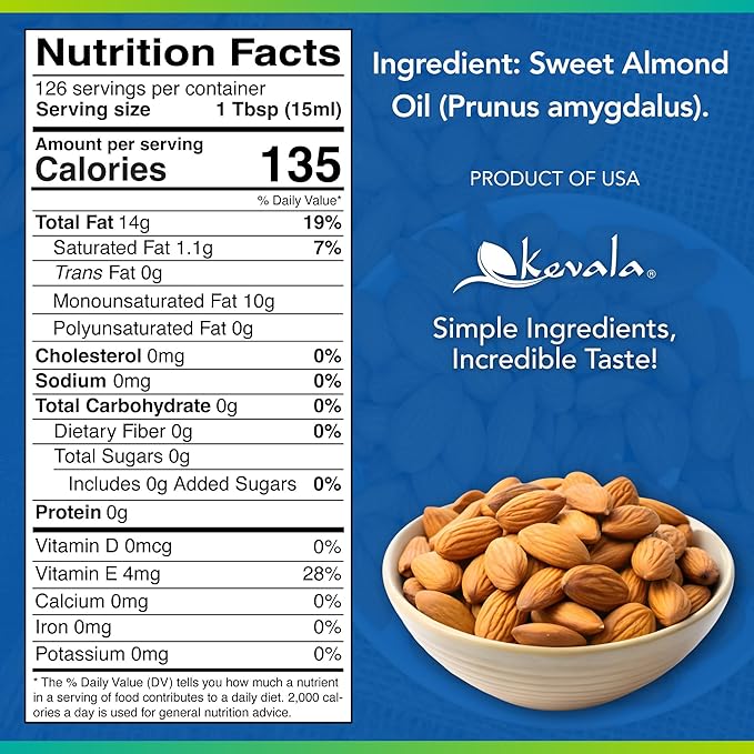 Kevala Sweet Almond Oil - Cold Pressed Almond Oil for Baking and Mixing with Essential Oils With Mild Scent and Flavor Nourishing and Rich in Vitamin E Made with Selected Almonds 64 oz 1/2 gal