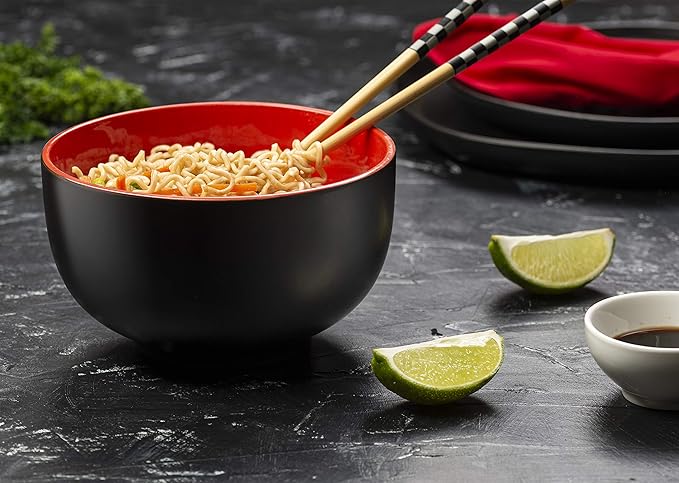 KooK Ramen Bowl Japanese Bowls Noodle Bowls Large Soup Bowl Ceramic Large Capacity For Ramen Pho Udon Soba Microwave and Dishwasher Safe 34 oz Set of 4 (Black/Red)