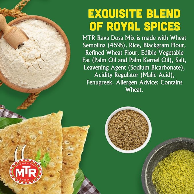 MTR Instant Rava Dosa Mix - Ready to Cook Authentic Indian Breakfast Lunch Dinner or Snack Meal - No Added Preservatives - A Quick &amp Easy Recipe Suitable for Vegetarians - (500g Pack of 3)