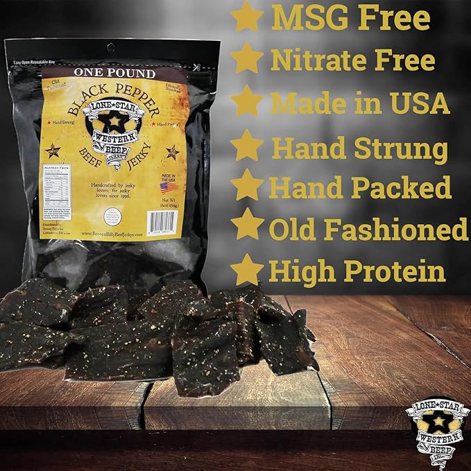 Lone Star Beef Jerky - Original &amp Black Pepper - 1 Pound (Pack of 2) Resealable Bags - Hickory Smoked Handcrafted Flavor - High Protein Healthy Meat Snack